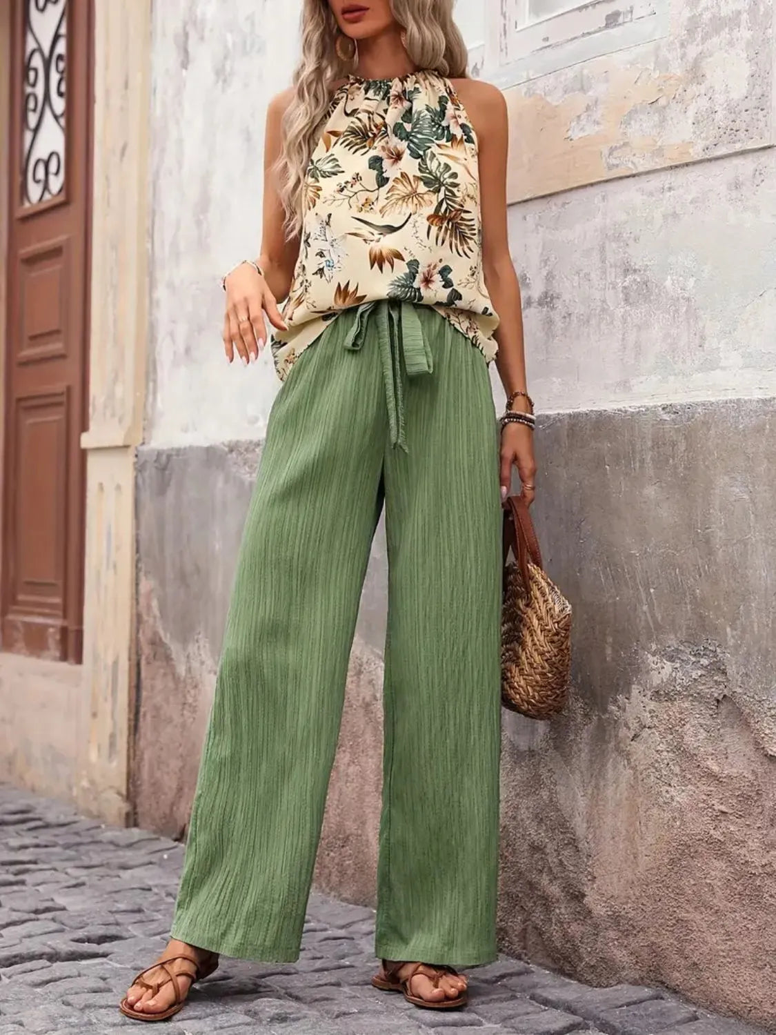 Printed Tank Top and Wide Leg Pants Set - Tigbul's Variety Fashion Shop