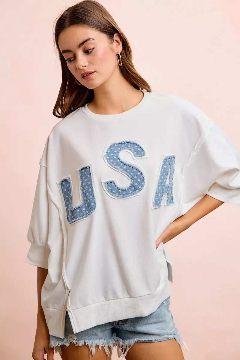 USA Letter Patchwork White French Terry Top Women's | Tigbuls Fashion