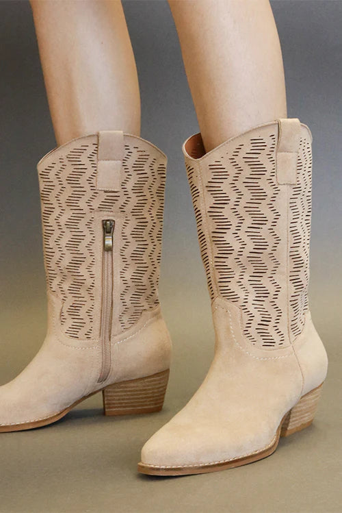 Tan Faux Suede Laser Cut Detail Block Heel Boots