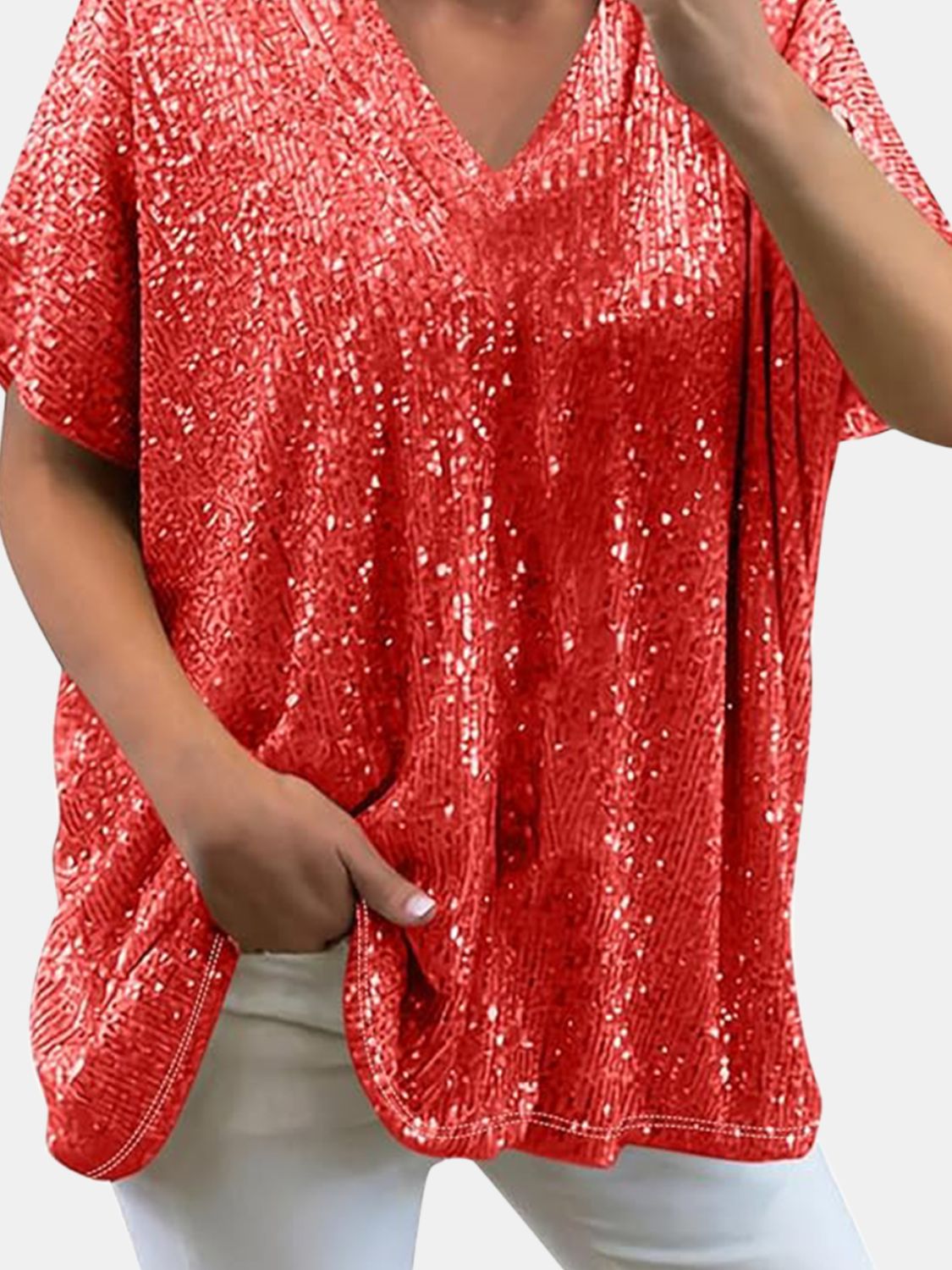 Sequin V-Neck Short Sleeve Top Blouse, Small to 3XL - Tigbul's Variety Fashion Shop