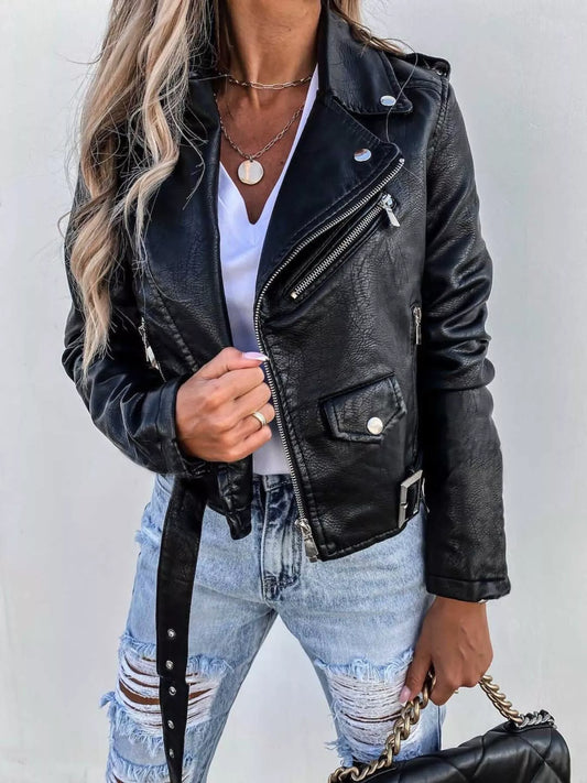 Full Size Zip Up Leather Motorcycle Biker Jacket Plus Size - Tigbul's Variety Fashion Shop