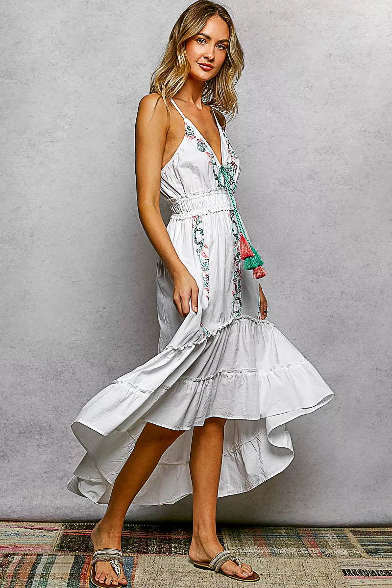 Embroidered Detail Tassel Tie Smocked Waist Midi Tiered Cami Dress | Tigbuls