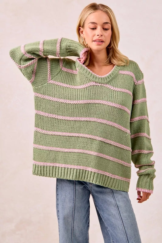 BiBi Striped Long Sleeve Sweater - Tigbul's Variety Fashion Shop