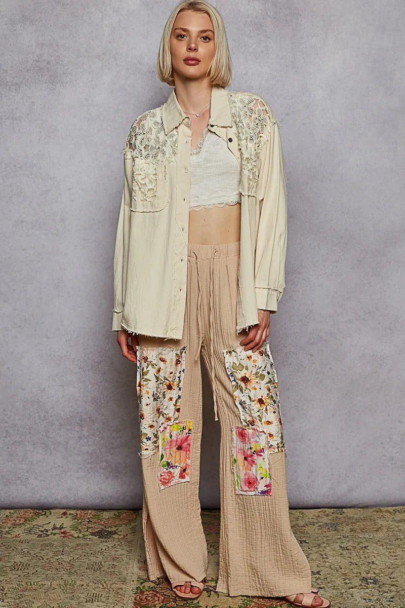 POL Button Down Raw Edg Shirt with Pearl Lace Patch - Tigbul's Variety Fashion Shop