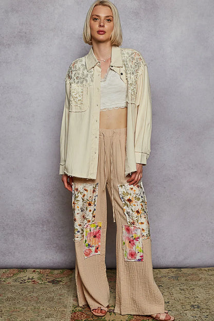 POL Button Down Raw Edg Shirt with Pearl Lace Patch - Tigbul's Variety Fashion Shop