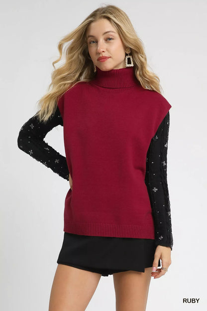 Umgee High-Low Turtleneck Sleeveless Sweater Top - Tigbul's Variety Fashion Shop