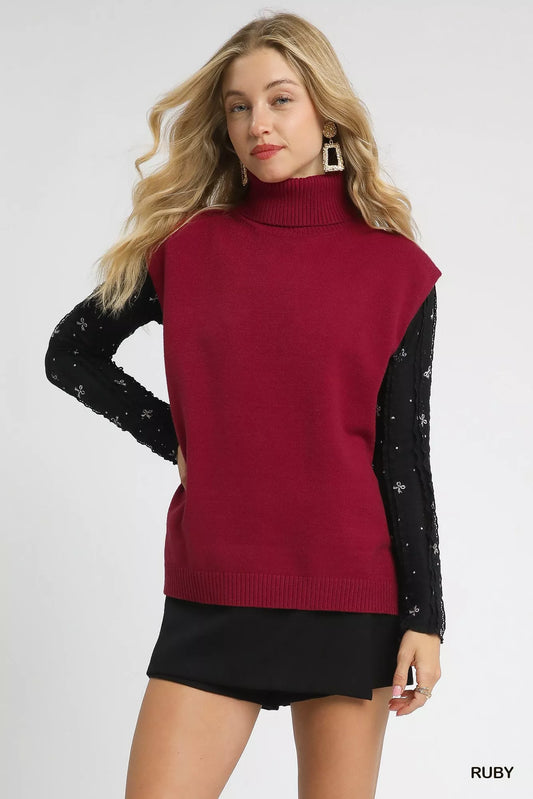 Umgee High-Low Turtleneck Sleeveless Sweater Top - Tigbul's Variety Fashion Shop
