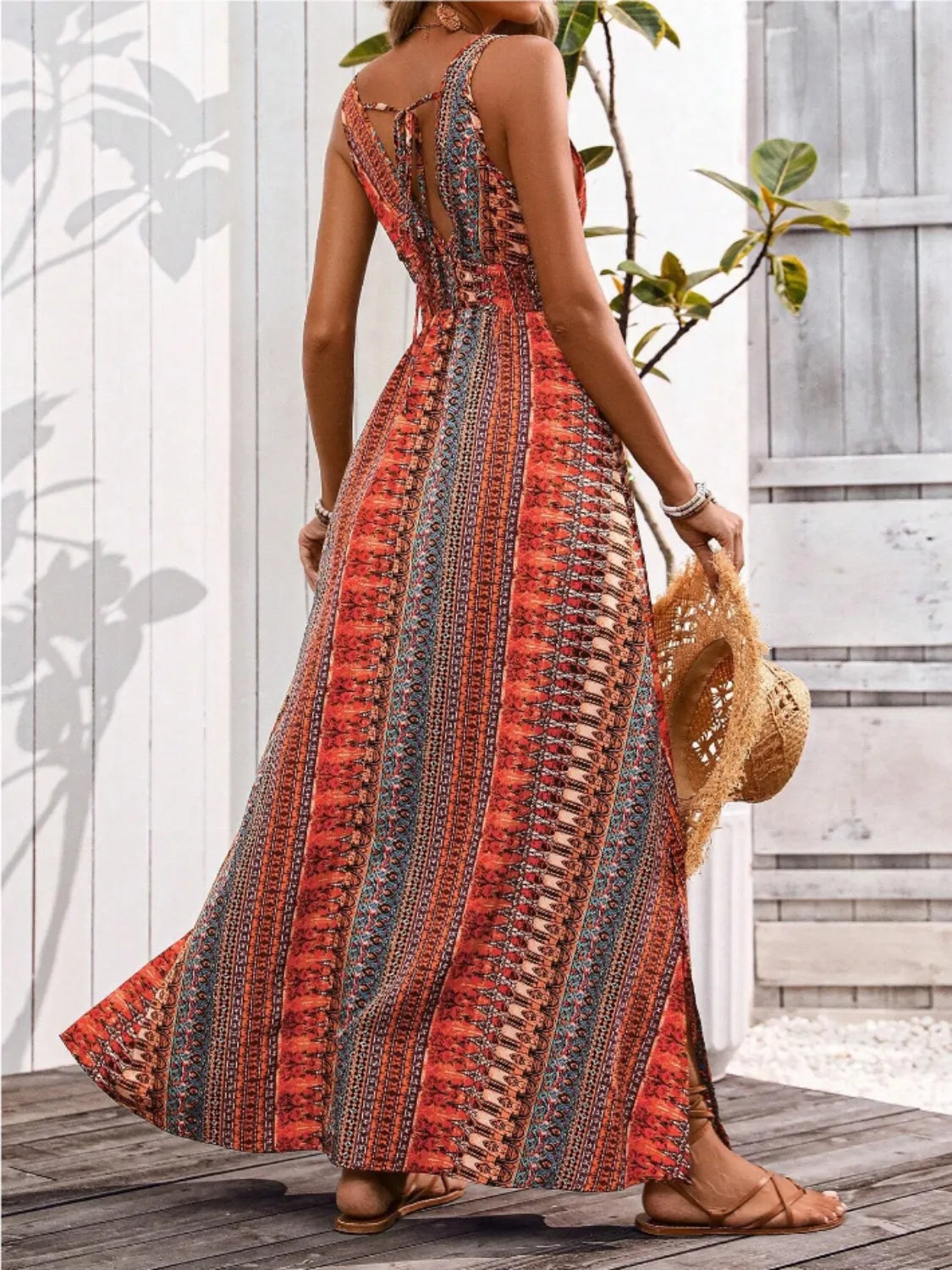Tied Back Printed Sleeveless Maxi Slit Dress - Tigbul's Variety Fashion Shop