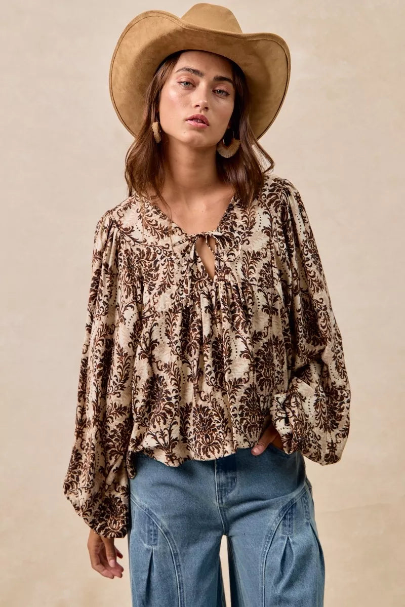 BiBi Printed Woven Front Tied Blouse with Baloon Sleeve - Tigbul's Variety Fashion Shop