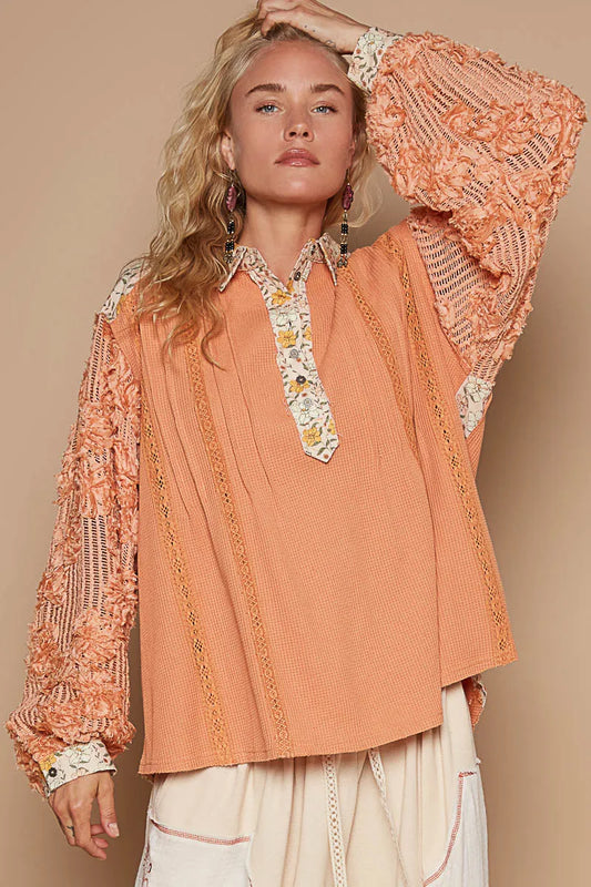 POL Floral Half Button Lace Detail Long Sleeve Top - Tigbul's Variety Fashion Shop