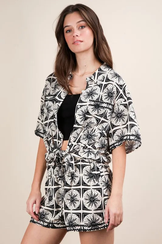 Black Plus Size Tropical Printed Shirt Top & Shorts Set - Tigbul's Variety Fashion Shop