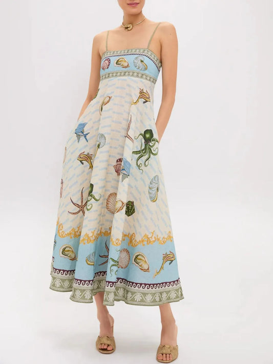 Ocean Print Spaghetti Strap Midi Dress - Tigbul's Variety Fashion Shop