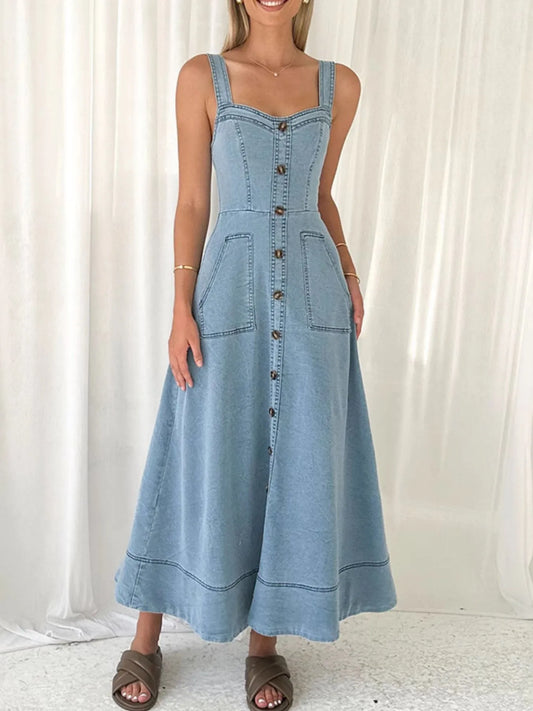 Wide Strap Sweetheart Neck Denim Dress - Tigbul's Variety Fashion Shop
