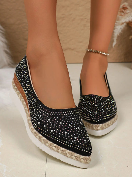 Rhinestone Point Toe Wedge Slip-Ons - Tigbul's Variety Fashion Shop