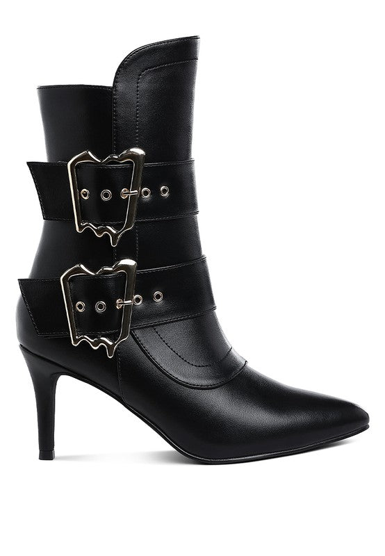 Black ankle boots with two buckle straps and pointed toe, high heel
