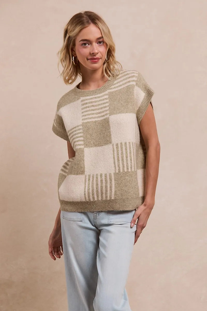 Checker With Stripes Pattern Sleeveless Sweater - Tigbul's Variety Fashion Shop
