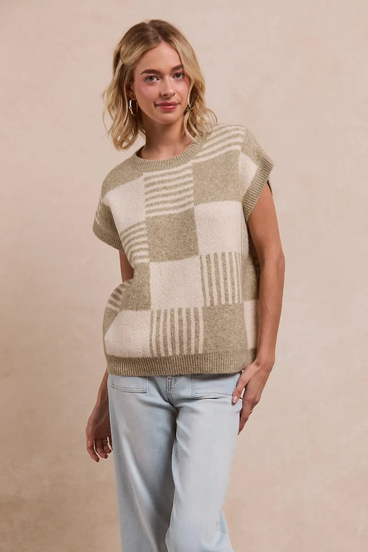 Checker With Stripes Pattern Sleeveless Sweater - Tigbul's Variety Fashion Shop