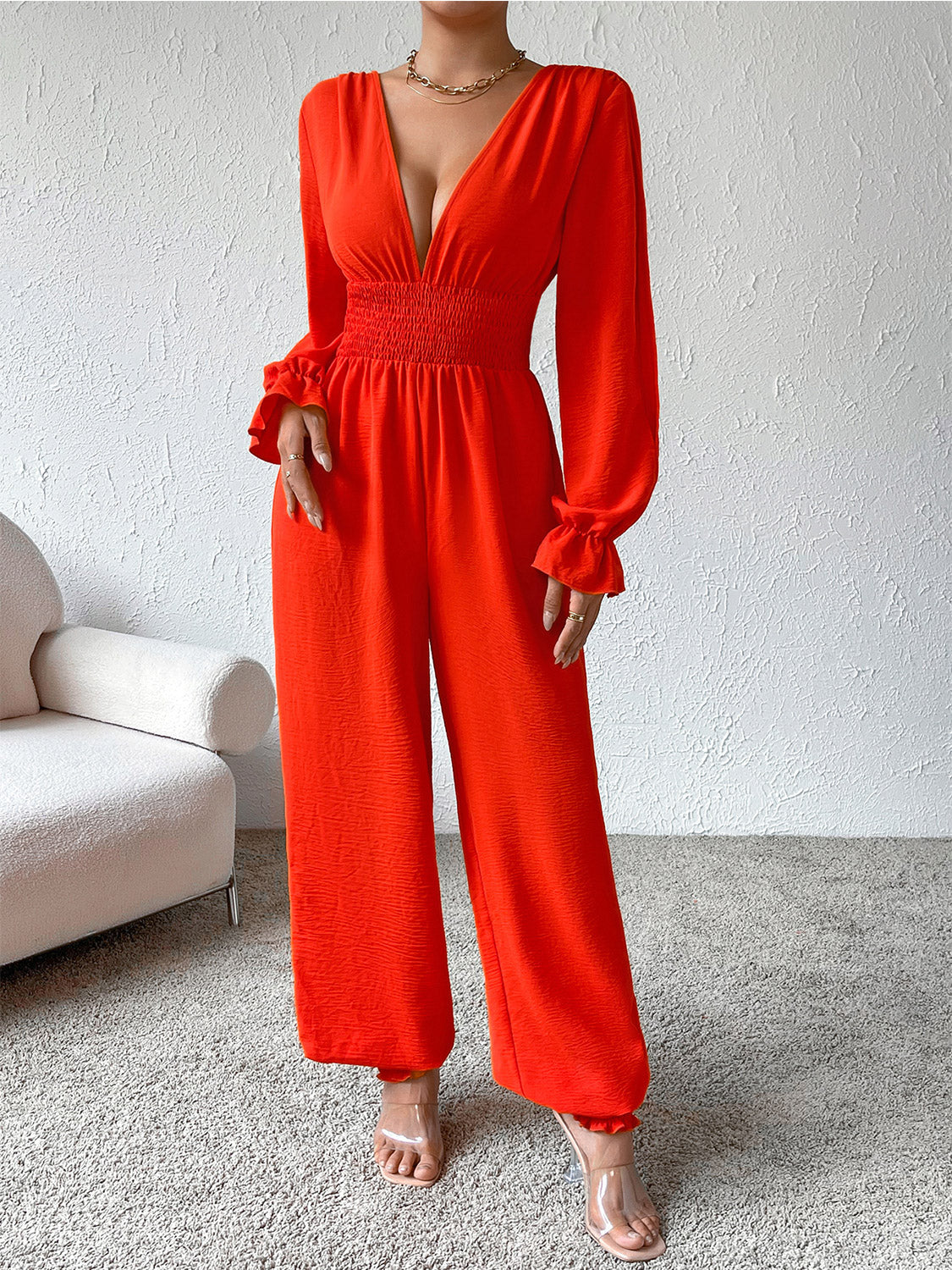 Size Medium Red/Orange Smocked Long Sleeve Jumpsuit | Tigbuls