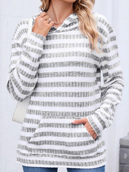 Striped Ribbed Knit Hoodie with Kangaroo Pocket - Tigbul's Variety Fashion Shop
