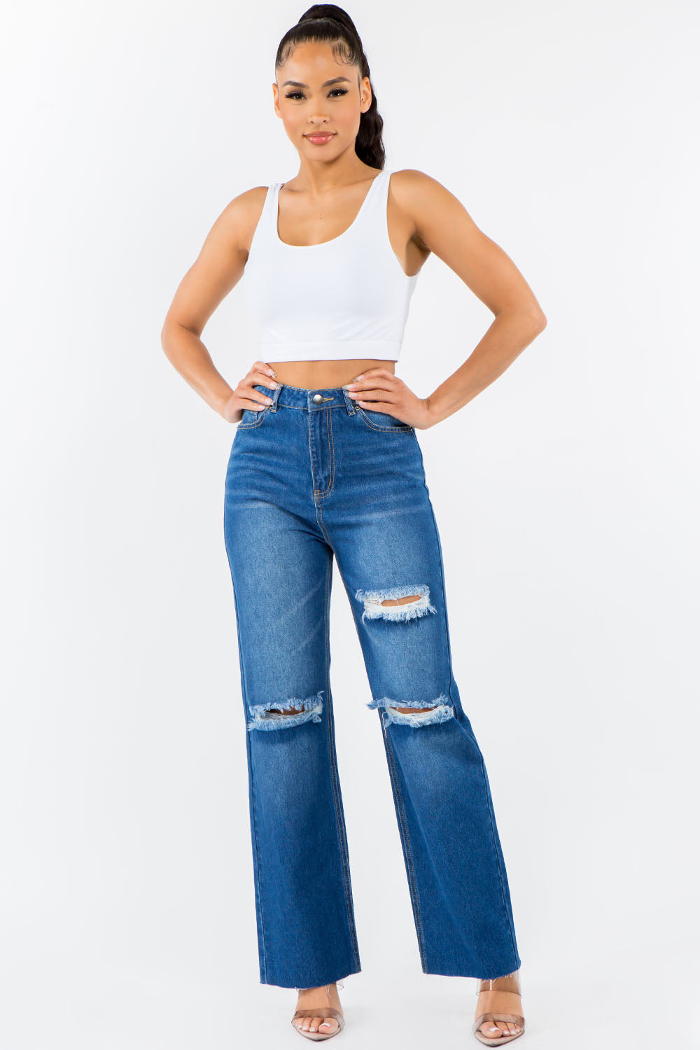 American Bazi High Waist Distressed Wide Leg Jeans - Tigbul's Variety Fashion Shop