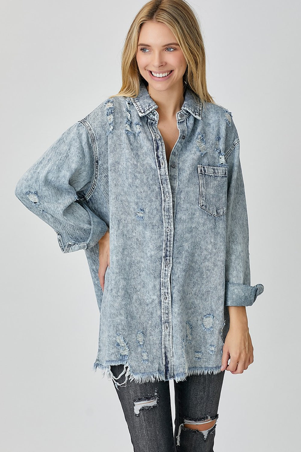 RISEN Distressed Raw Hem Denim Shirt - Tigbul's Variety Fashion Shop