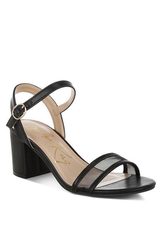 Black mesh block heels with pin buckle and crisscross ankle straps