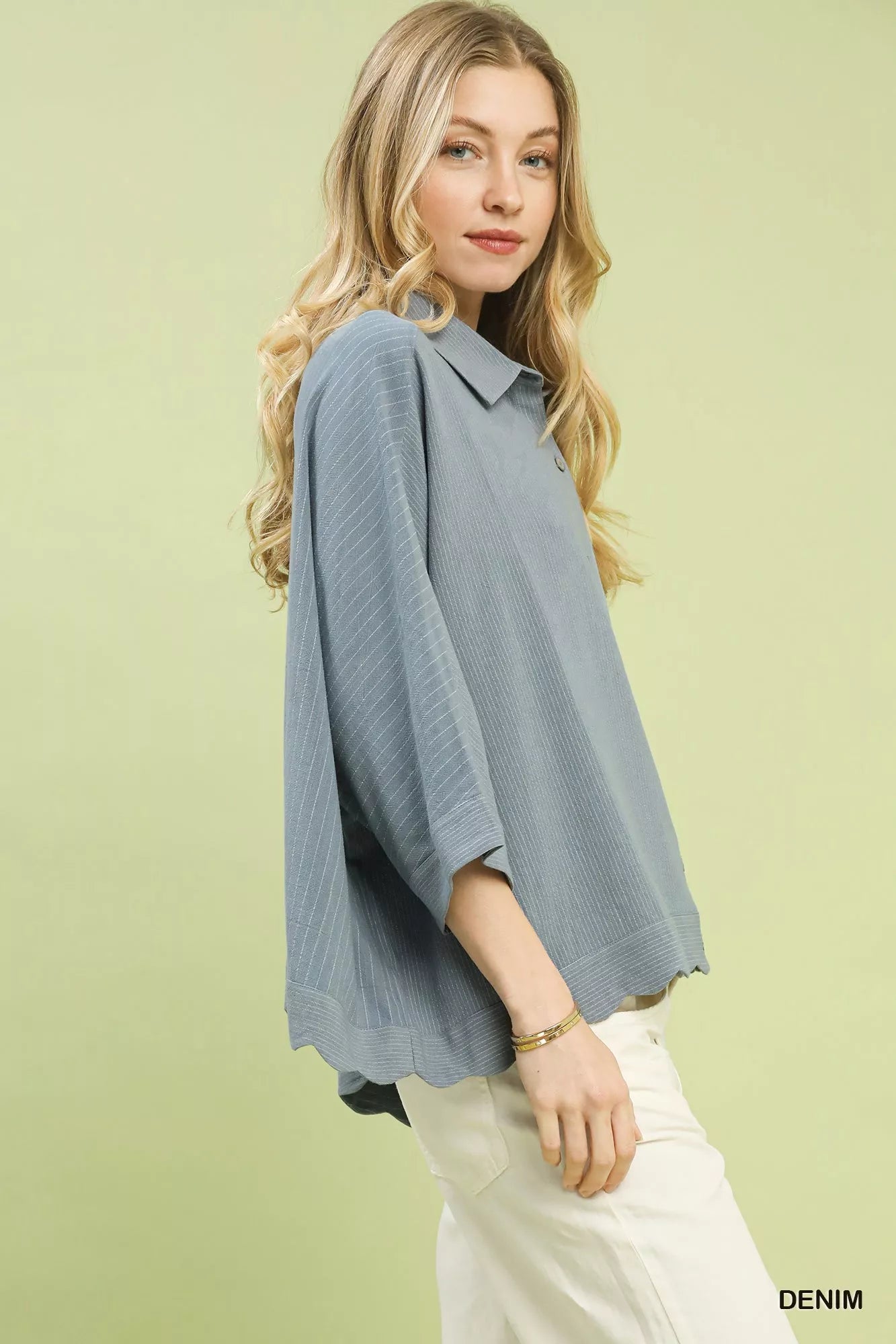 Denim striped button-down shirt with collared neckline and 3/4 dolman sleeves