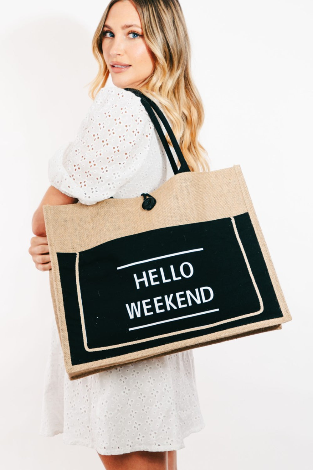 Fame Hello Weekend Burlap Tote Bag - Tigbul's Variety Fashion Shop