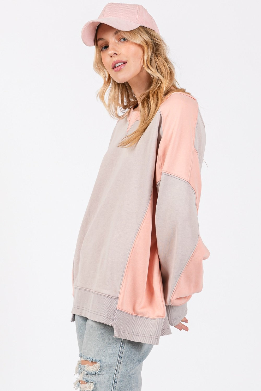 SAGE + FIG Color Block Round Neck Sweatshirt - Tigbul's Variety Fashion Shop