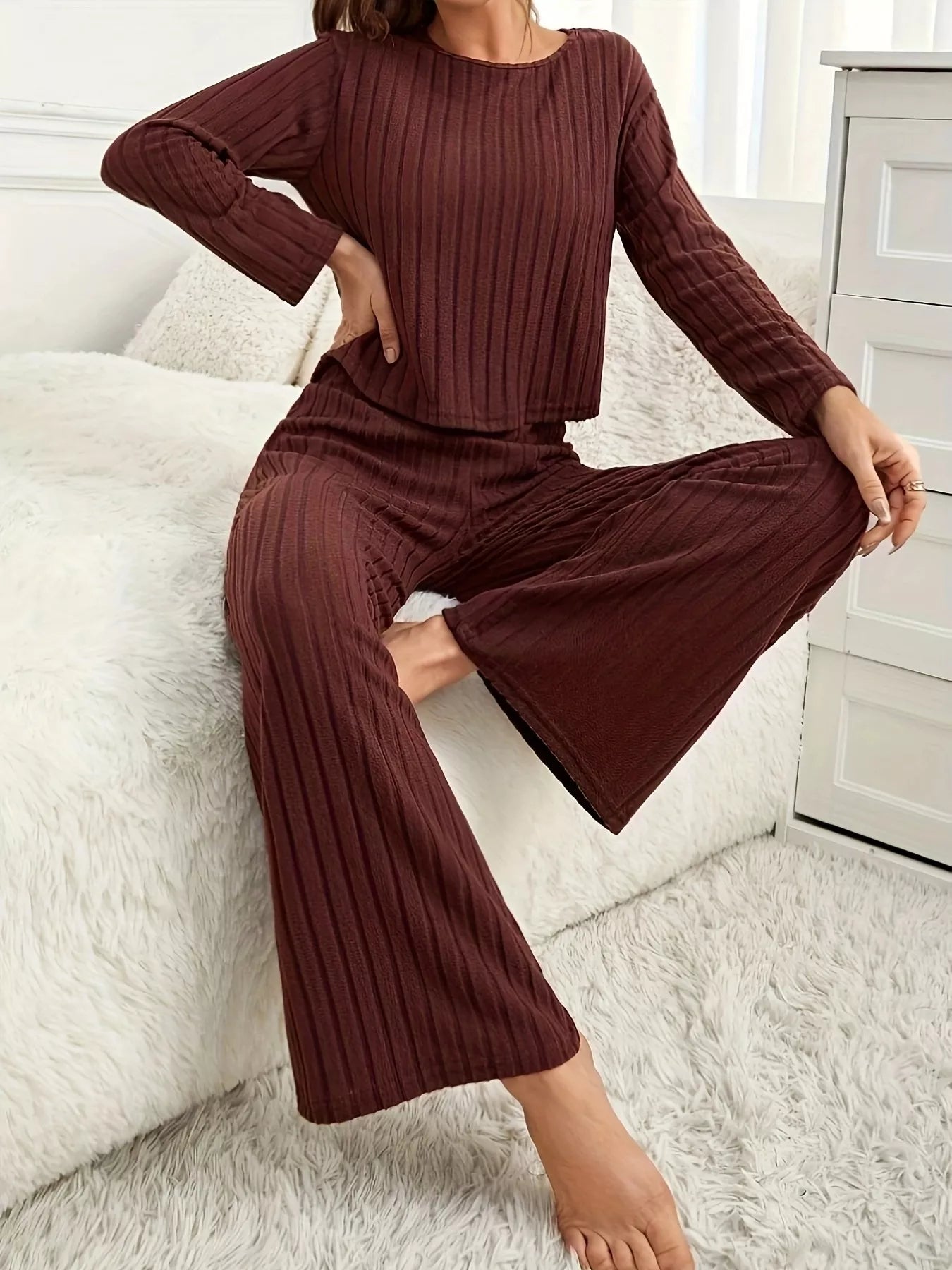 Ribbed Round Neck Long Sleeve Top and Pants Lounge Set - Tigbul's Variety Fashion Shop