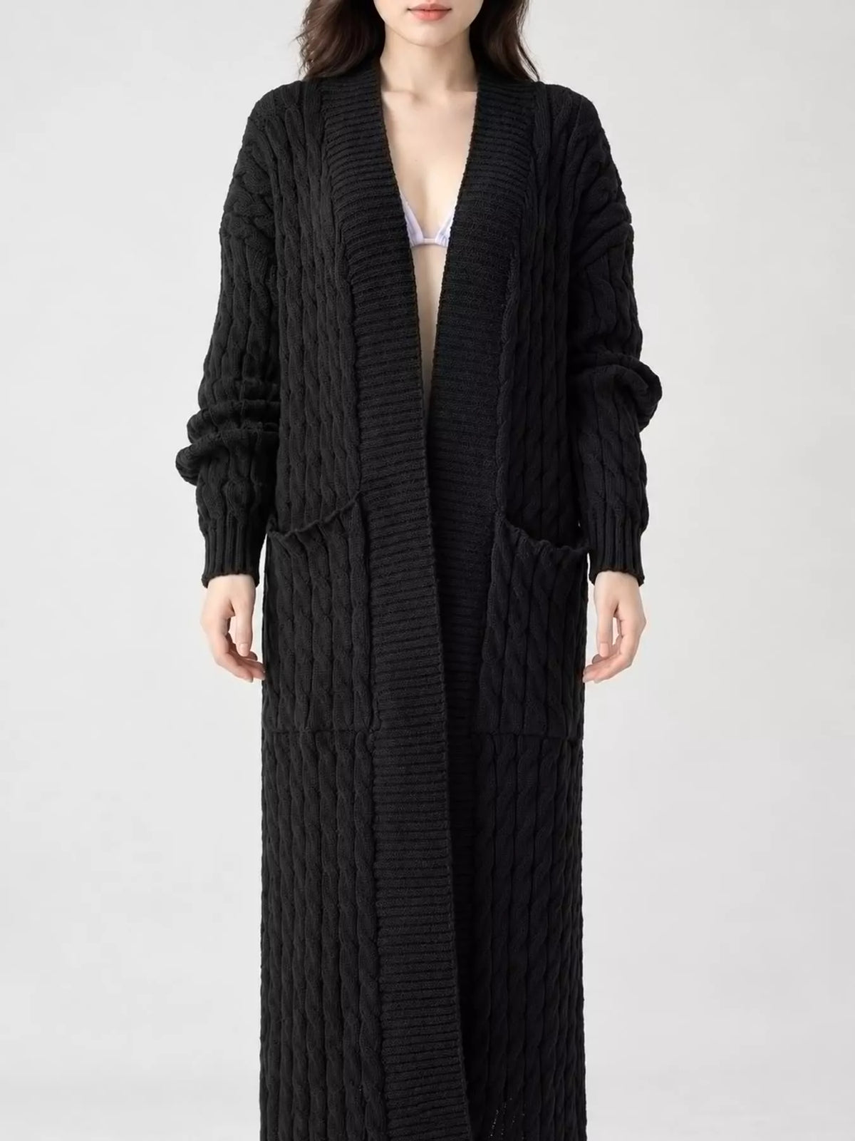 Elegant Cable-Knit Longline Open-Front Cardigan | Tigbuls Variety
