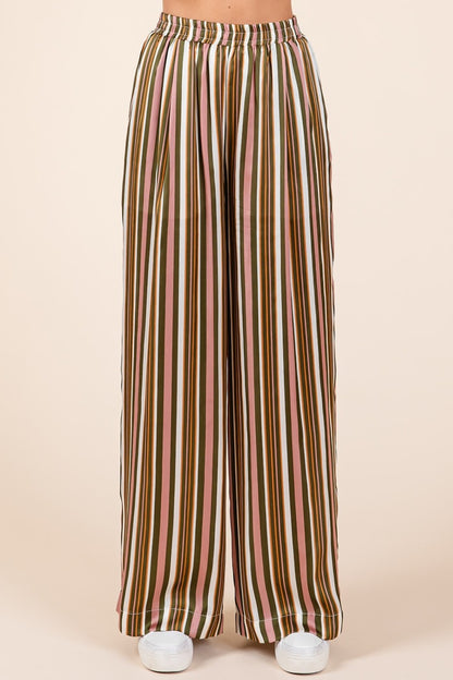 Striped Satin Elastic Waist Wide Leg Pants - Tigbul's Variety Fashion Shop