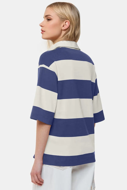 Oh Pima Cotton Wash Color Block Johnny Collar Half Sleeve Top - Tigbul's Variety Fashion Shop