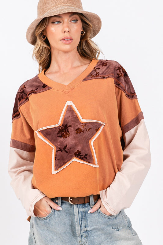 SAGE + FIG Star Patch Long Sleeve Color Block T-Shirt - Tigbul's Variety Fashion Shop