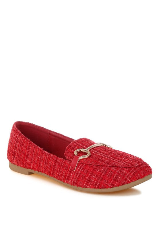 Red tweed flat loafer with gold horsebit ornament and closed round toe