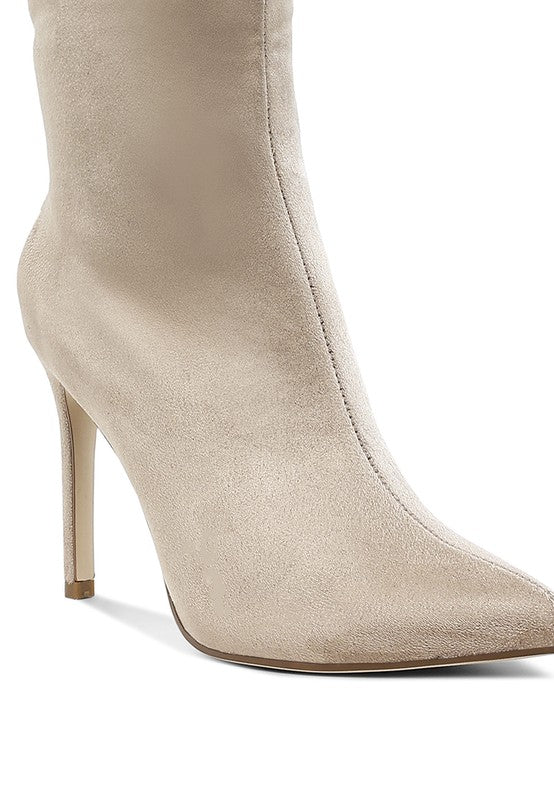 Beige calf boots, smooth upper with pointed toe and slim stiletto heel