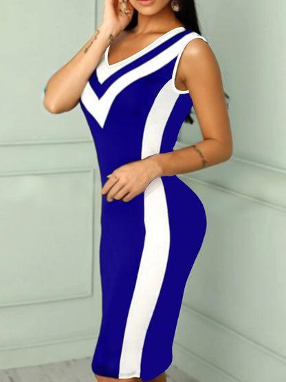 V-Neck Colorblock Sleeveless Bodycon Dress - Tigbul's Variety Fashion Shop