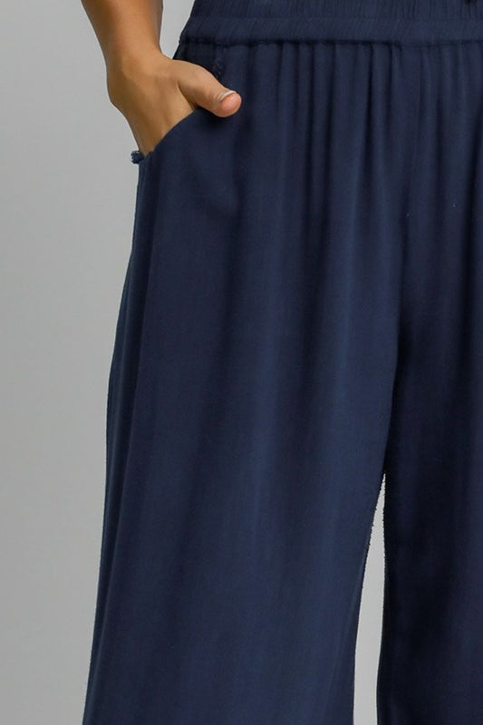 Umgee Full Size Linen Blend Elastic Waistband Wide Leg Pants Plus Size - Tigbul's Variety Fashion Shop