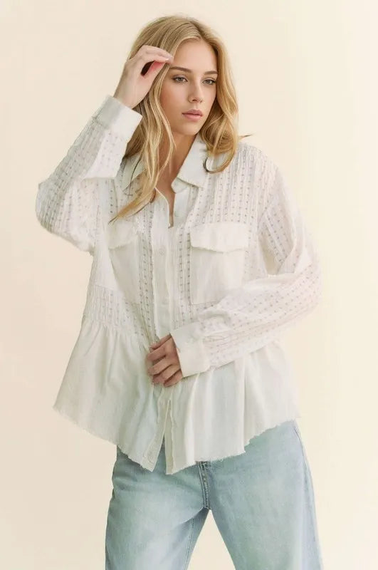 White Garment Washed Jacquard Button Front Shirt - Tigbul's Variety Fashion Shop