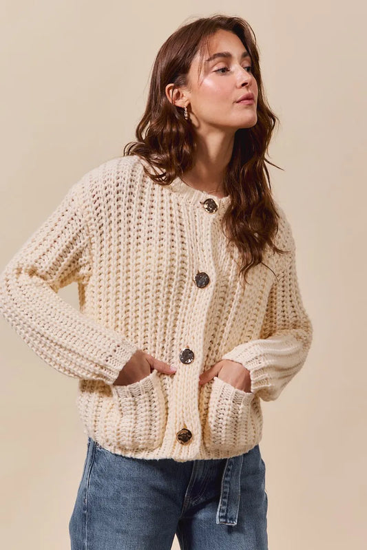 SO ME Metal Button Long Sleeve Chunky Sweater Cardigan - Tigbul's Variety Fashion Shop