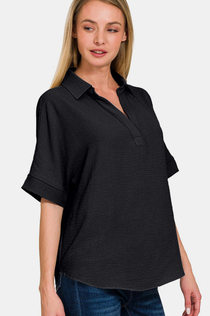 Zenana Full Size Texture Collared Neck Short Sleeve Top - Tigbul's Variety Fashion Shop