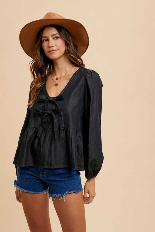 Black Tie Front Peplum Long Sleeve Denim Top - Tigbul's Variety Fashion Shop
