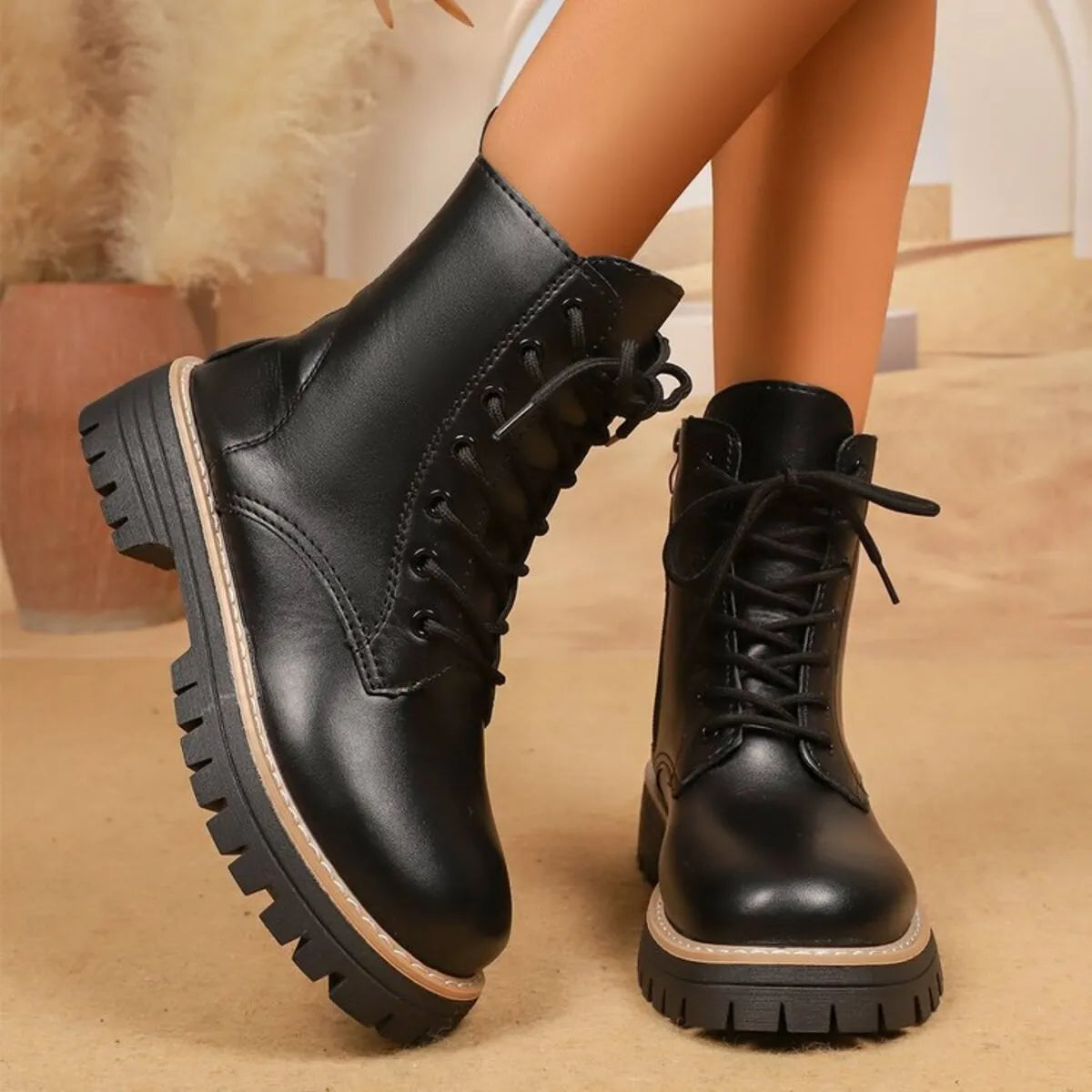 Lace Up Leather Combat Boots with Chunky Sole - Tigbul's Variety Fashion Shop