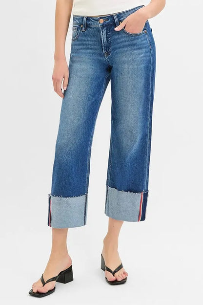 RISEN Tummy Control Mid Rise Crop Wide Cuffed Jeans - Tigbul's Variety Fashion Shop