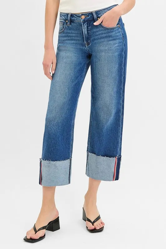 RISEN Tummy Control Mid Rise Crop Wide Cuffed Jeans - Tigbul's Variety Fashion Shop
