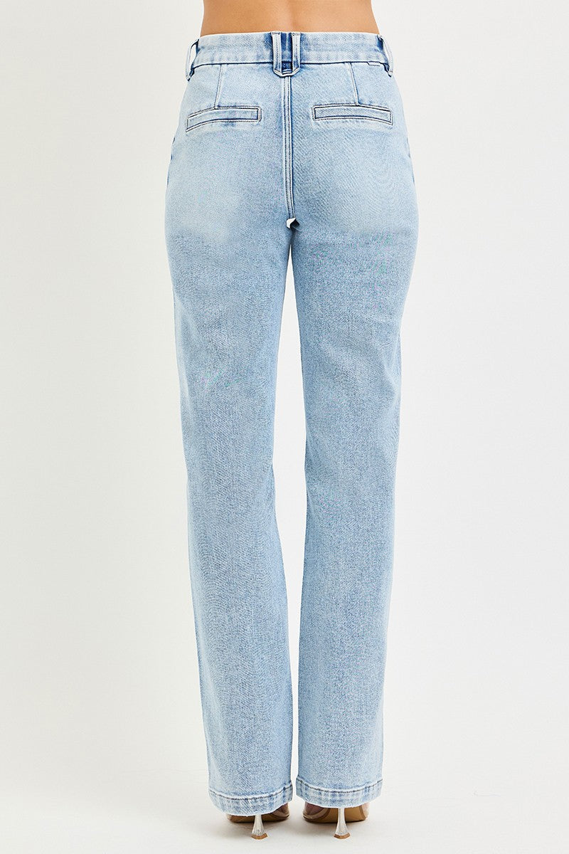 Light wash high-rise straight jeans back view: center seam and straight leg