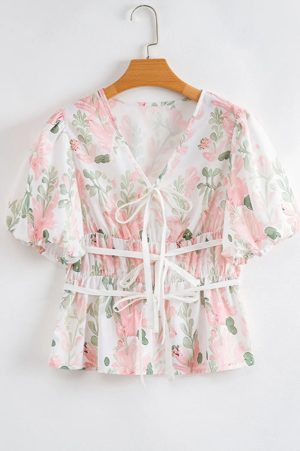 Tied Printed Short Sleeve Blouse - Tigbul's Variety Fashion Shop