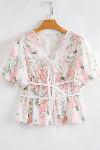 Tied Printed Short Sleeve Blouse - Tigbul's Variety Fashion Shop