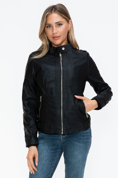 Black PU Leather Biker Jacket with Side Zip Pockets