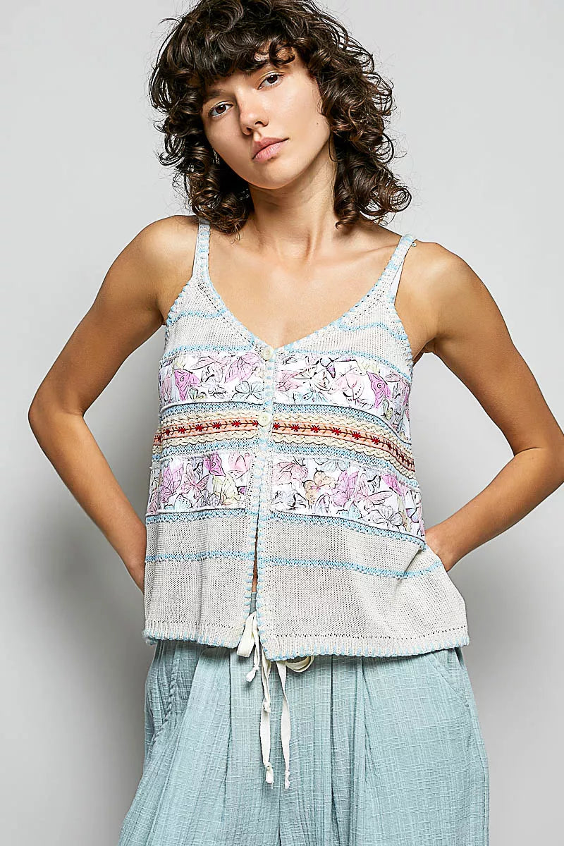 Cami mit Knopfleiste, Blanket-Stitch-Besatz und blau-rosa Muster, Cream/Blue